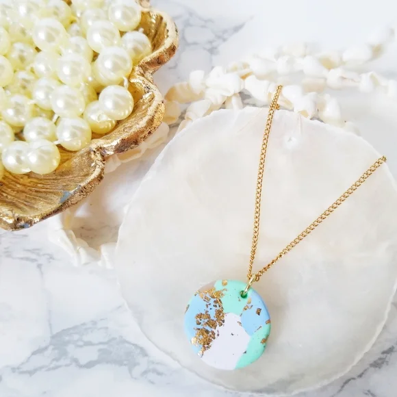 Jewelry Aqua Light Blue Polymer Clay Circle Shaped Gold Foil